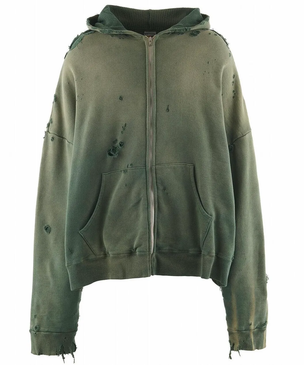 SAINT Mxxxxxx DBL FACE ZIP UP HOODIE/GREEN Double-layer destroyed waffle zipper jacket, washed green S-XL, a style that has been used in the summer. After continuous fine polishing, it has finally been shipped. The finished product is simply a work of art. Super heavy washing and distressing. Multiple water fades. Excessive hand-made wormhole destruction processing. Deconstruction and reorganization embroidery technology. Custom-made zippers with LOGO. The color details of the zipper webbing are also correct. Original grade fruit main label and wash water label. Top purchasing grade. A layer of waffle fabric is added to the inner lining to make the overall texture stronger and increase the comfort and warmth of the wearer.